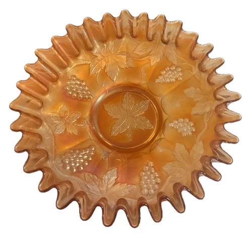 Vintage Fenton 8" Grape Leaves Marigold Carnival Glass Ruffled Edge Bowl
