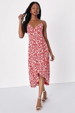 Lulus Dress Size Small Red White Floral Print Wrap High-Low Spaghetti Straps