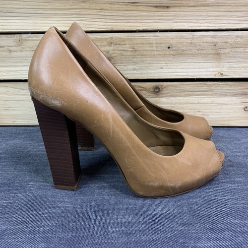 Tory Burch Cantrelle Peep Toe Women’s US 6 Block High Heel Shoes Leather Tan - Picture 4 of 12