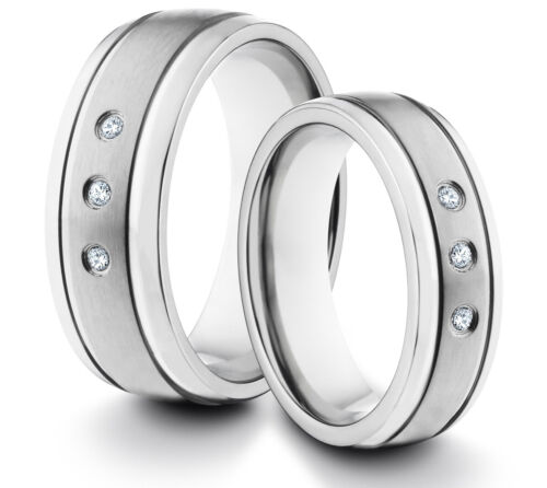 HIS & HERS 8MM/6MM Titanium Matte Silver CZ Inlay Wedding Band TWO RING SET - Zdjęcie 1 z 3