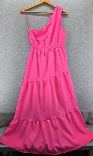 143 Story by Lineup Hot Pink Midi One Shoulder Tiered Lined Dress Sz Small S
