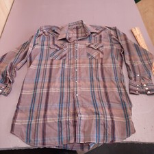 Vintage Panhandle Slim Shirt Men 18 x 34 Mauve Plaid Western Pearl Snap Pressed