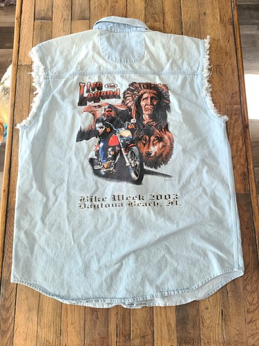 2003 DAYTONA BEACH BIKE WEEK Denim Sleeveless Button-Down Shirt Embroidered L - Picture 6 of 6