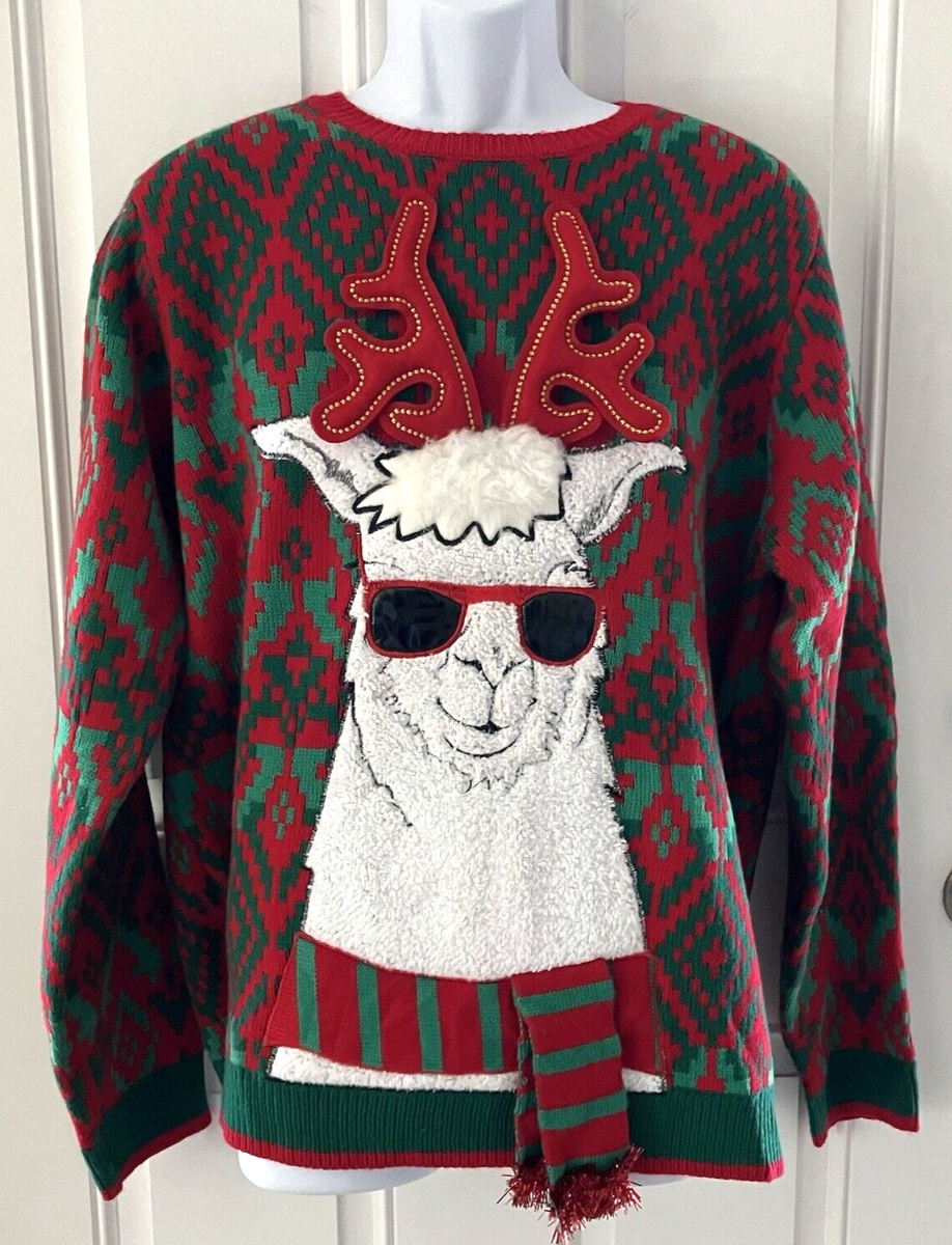 Holiday Time Mens Size Large Ugly Llama Christmas Sweater 3D Front Back  Party