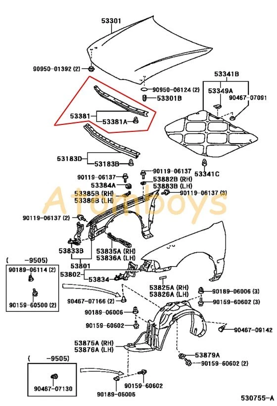 OEM TOYOTA COROLLA AE102 AE100 AE101 EE101 Sello de capucha a soporte de radiador GOMA Foto 3 de 4