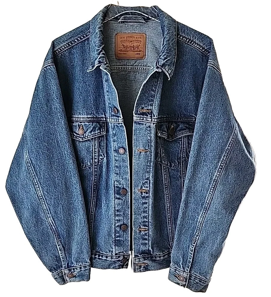 Levis Trucker Jean Jacket Mens L Blue Button Front Pockets Collar Made in USA