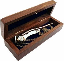 Brass Boatswain Navy Ship Bosun's Whistle Chain W/Nautical Designer Wooden Box