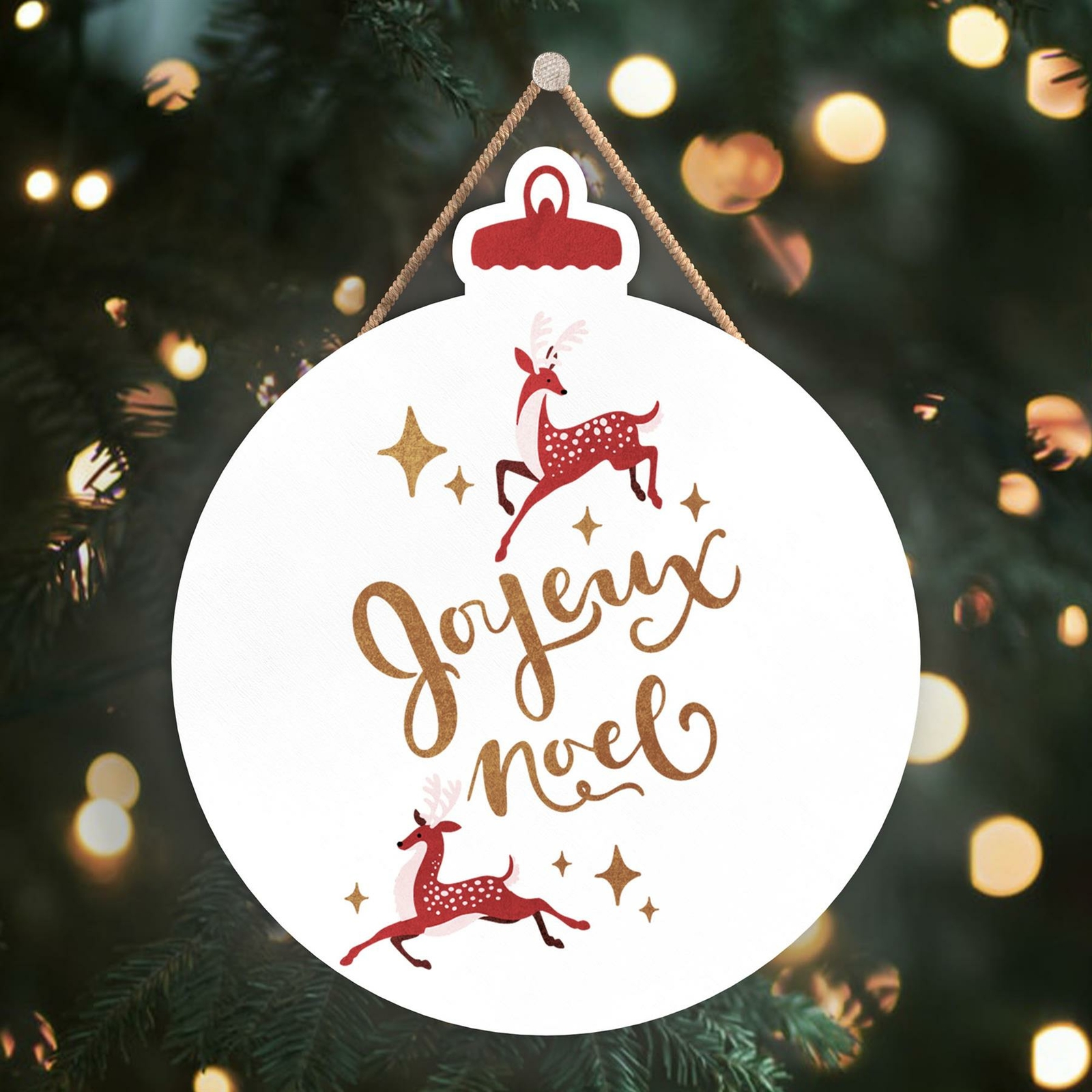 JOYEUX NOEL REINDEER TYPOGRAPHY ON A BAUBLE SHAPED WOODEN HANGING PLAQUE