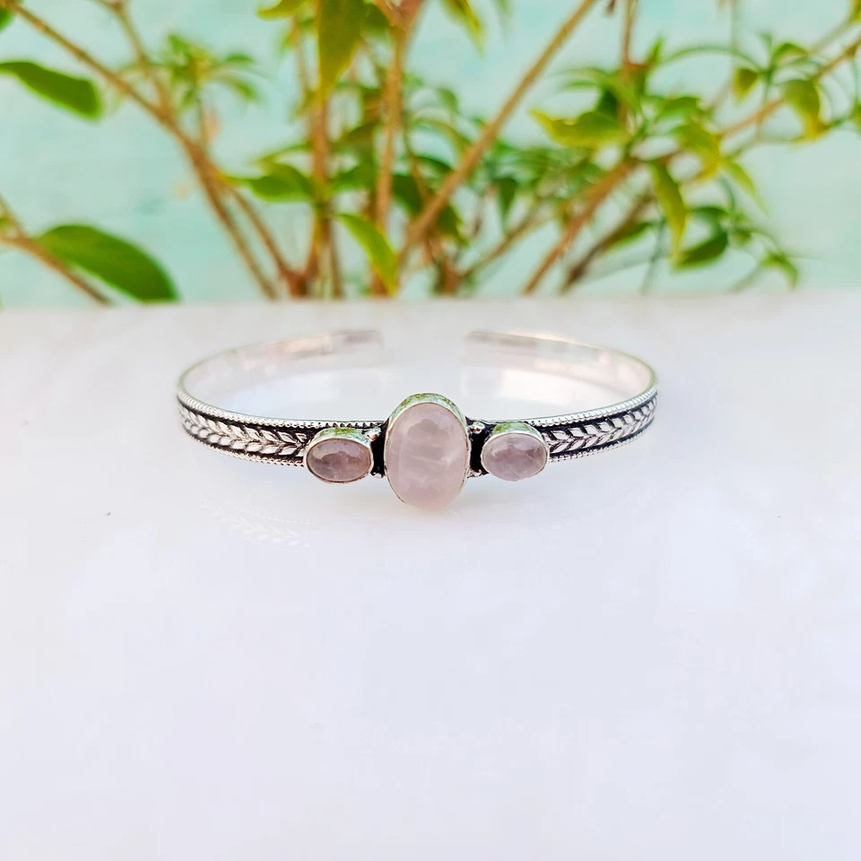 Brazalete de cuarzo rosa de plata de ley 925 ajustable hecho a mano brazalete pulsera joyería Foto 3 de 4