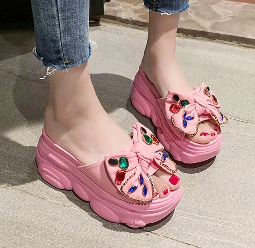Women High Heel Bows Thick Bottom Comfort Platform Slippers Shoes