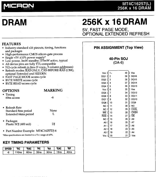 MT4C16257DJ-6 256K X 16 dram mt4c16257 Micron smd soj 40 pin  - Picture 2 of 2