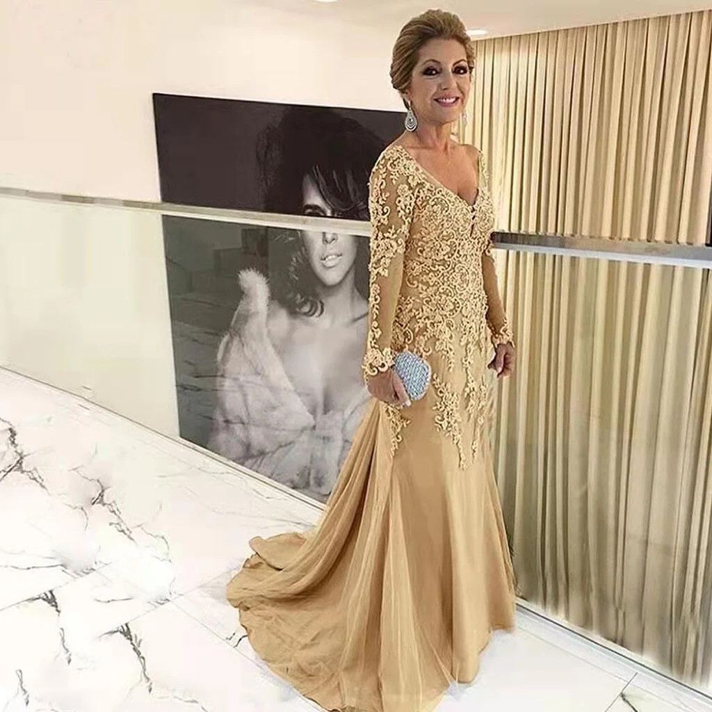 Long Sleeve Long Gold Mother Of The Bride Dresses Long Sleeve Lace