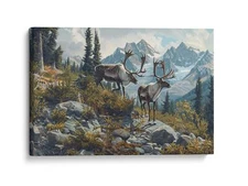 Majestic Reindeer in Mountain Landscape Canvas Print, Wildlife Home Decor