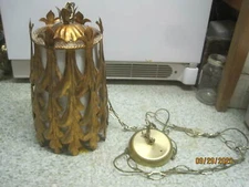 1960's Ceiling Swag Light Fleur de Lis ornate gilded tin/brass plastic shade