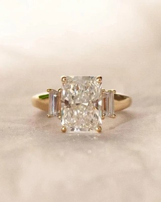 3 Ct Radiant-Cut lab Created Three Stone Engagement Ring 14K Yellow Gold Plated