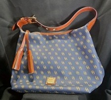 Dooney Bourke Navy and Tan Hobo Purse DB All Over Design Leather with Dust Bag