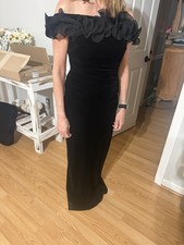 Xscape Black Velvet Off Shoulder Ruffle Maxi Dress RC401 Size 14
