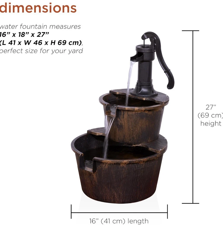 Alpine Corporation - Fuente de agua rústica para exteriores de barril y bomba de 2 niveles Foto 3 de 4