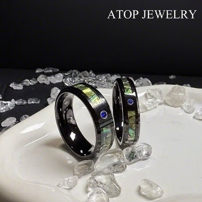 8/6mm Black Tungsten Ring Blue Cubic Zirconia Colored glaze Inlay ATOP Jewelry