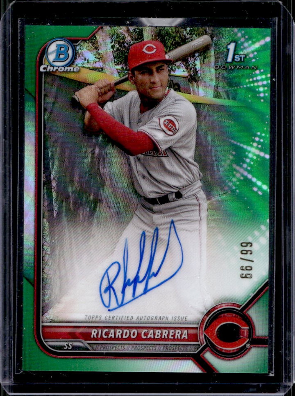 2022 Bowman Chrome Ricardo Cabrera Auto Green Refractor 1st Prospect #/99 Reds