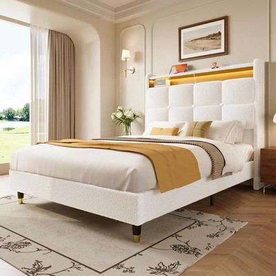  Bed Frame with Headboard, 51'' Tall Teddy Fleece Wingback Tufted Upholstered 
