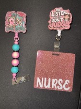 Pink Glitter Nurse RN ID Badge Holders Set, 2 Piece Occupational Reel