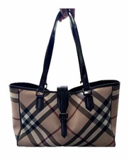 Burberry Nova Check Shoulder Bag Buckle Accent Black Leather Handles