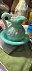 Vintage 1971 Avon Jade Green Milk Glass Small Pitcher W/ Bowl EUC