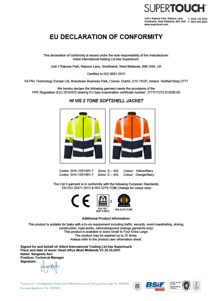 Supertouch Hi Vis Viz Softshell Two Tone Reflective Work Ware Rain Proof Jackets image 9