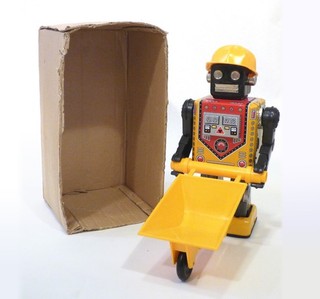 ROBOT CARRELLO OCCUPATO spaziale giapponese latta originale anni 70 con CARRELLO ORIGINALE e FONDO SCATOLA