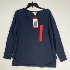 Vintage America Thermal Top Women Medium Lightweight Knit Long-Sleeve Navy Blue