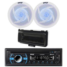 Marine Bluetooth CD Receiver, 2x 4" 100W Blue Flash LED Speakers, Cover White 