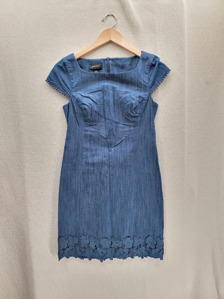 AB Studio lightweight denim solid blue floral lace bottom zip back Dress  size-2