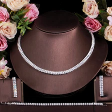 Sparkly Cubic Zircon Tennis Necklace Bracelet Earrings Silver Plated Jewelry Set