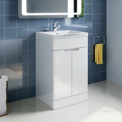 Bathroom Vanity Unit and Sink Basin Floor Standing Storage Cabinet Gloss White