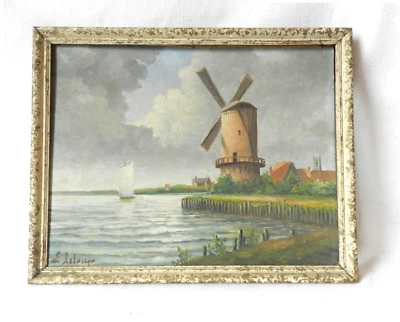 ANCIEN TABLEAU signé LELOUP * MARINE au MOULIN ANIMÉE * HUILE sur PANNEAU - Photo 1/4