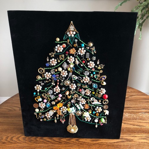 Vintage Costume Jewelry Jeweled Christmas Tree Wall Hanging Art 16.5