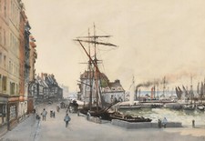 Emile Herson (c.1805-1872), Le "vieux bassin" de Honfleur, aquarelle, Normandie