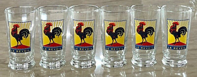 6 Williams Sonoma  LE REVEIL  ROOSTER Retro SUNRISE JUICE GLASS TUMBLERS 5 1/8''