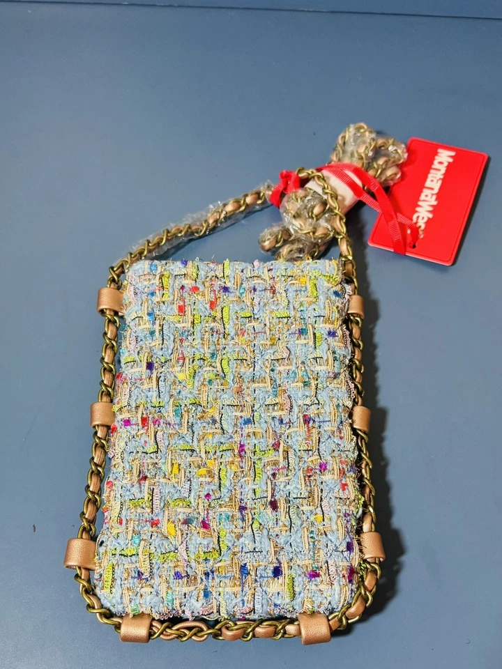 Bolso sin asas Montana West azul/verde cadena dorada bordado puntada bolso cartera Foto 2 de 4