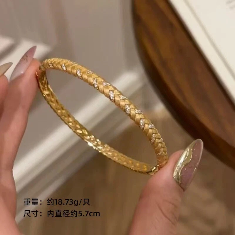Pulsera tejida trigo circón chapado en oro real 18K luz lujo retro mujer Foto 3 de 4