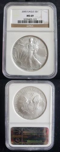 2005 American Silver Eagle 1 Oz Graded NGC MS69 Brown Label 24354