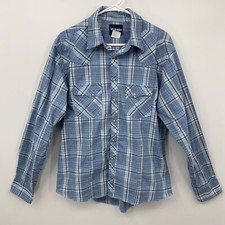 Wrangler Men's Western Long Sleeve Pearl Snap Collared Shirt Blue Plaid Size L