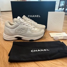 Chanel 2023 23S WHITE SILVER IRIDESCENT TWEED SUEDE CC LOGO SNEAKERS Shoes 37 7