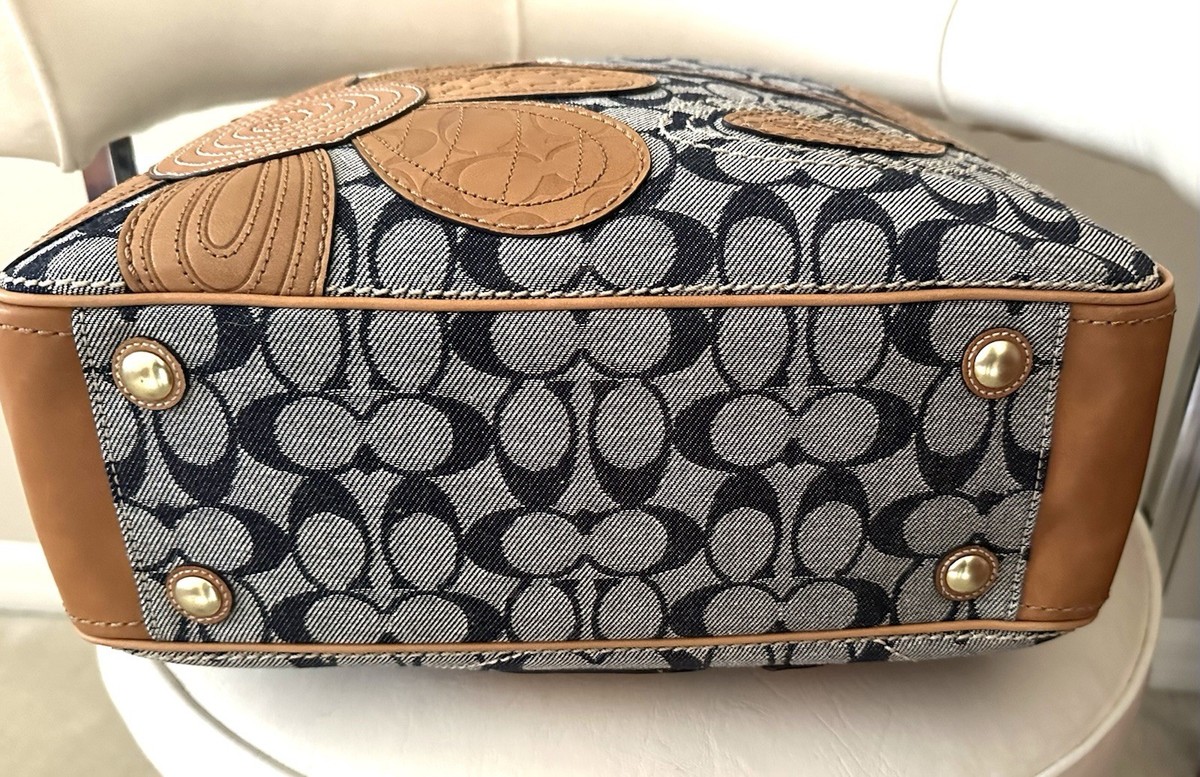 NWT COACH BLEEKER DENIM VACHETTA LEATHER FLORAL APPLIQUE TOTE