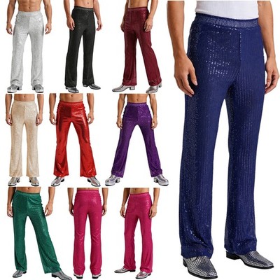 Herren Glänzend Pailletten 80er Jahre Disco Weitem Bein Pants Jazzhose Clubwear