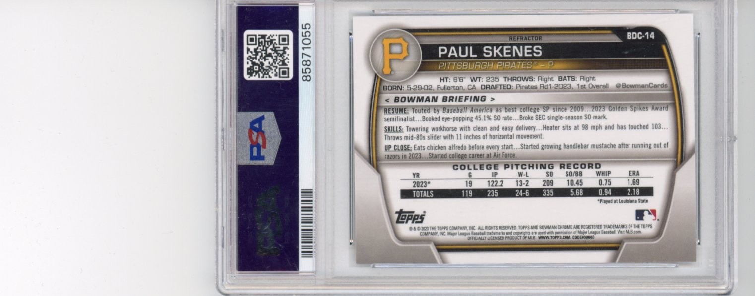 Paul Skenes 1st Bowman Chrome Refractor PSA 10: 💎 2023 Topps Bowman Draft 🔥 view 2
