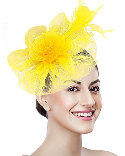 Women Fascinator Tea Party Hat 20s 50s Wedding Cocktail Flower Mesh A-yellow
