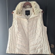 Talbots Ivory Cream Down Puffer Vest Faux Fur Trim Chevron Quilt 2X Petite