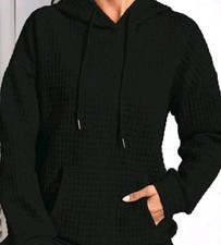 Women Solid Waffle Drawstring Casual Pullover Black Sweatshirt Hoodie Small 4